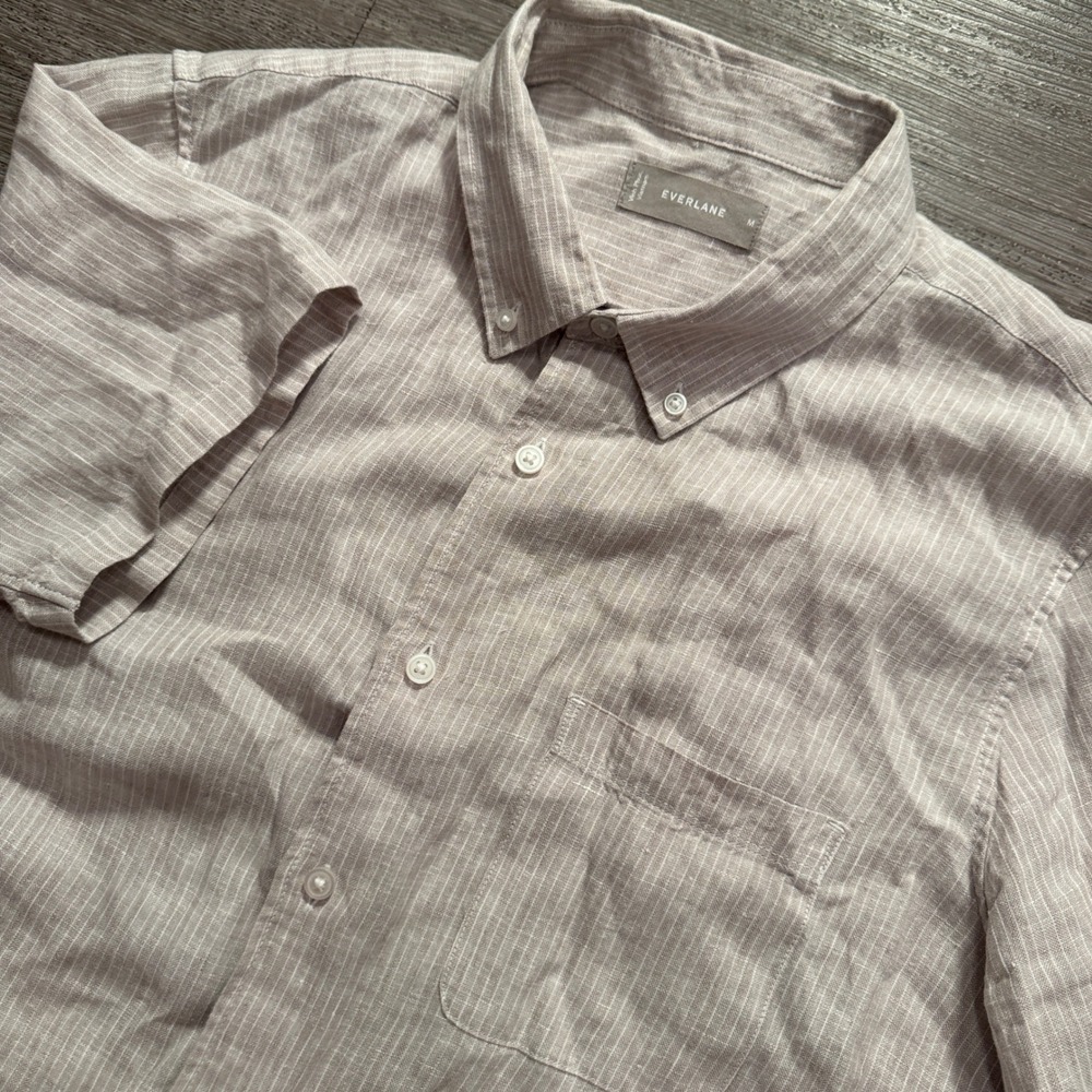 Everlane Shirt Mens Medium Tan White Stripe 100% Linen Summer Costal Minimalist